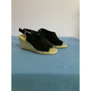 Crown Vintage Espadrille Sling Back Wedge Heel Black Size 9.5M Suede Feel/Look